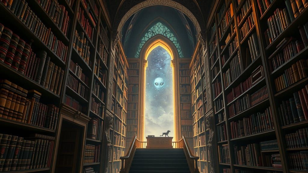 Ornate Library with Shimmering Portal Concept Art