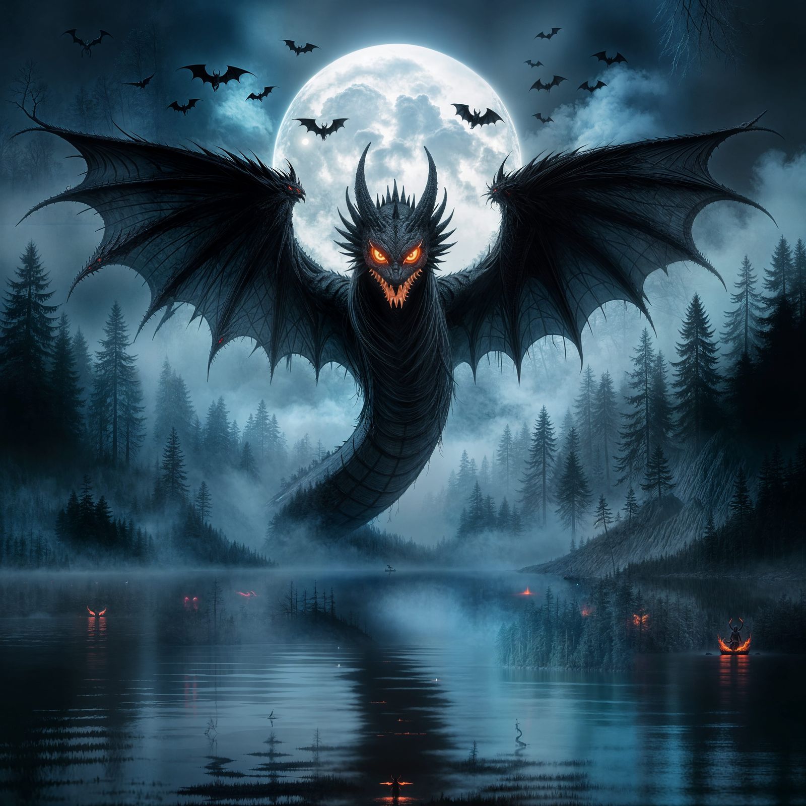 Giant Black Dragon Snake Emerges from Misty Lake