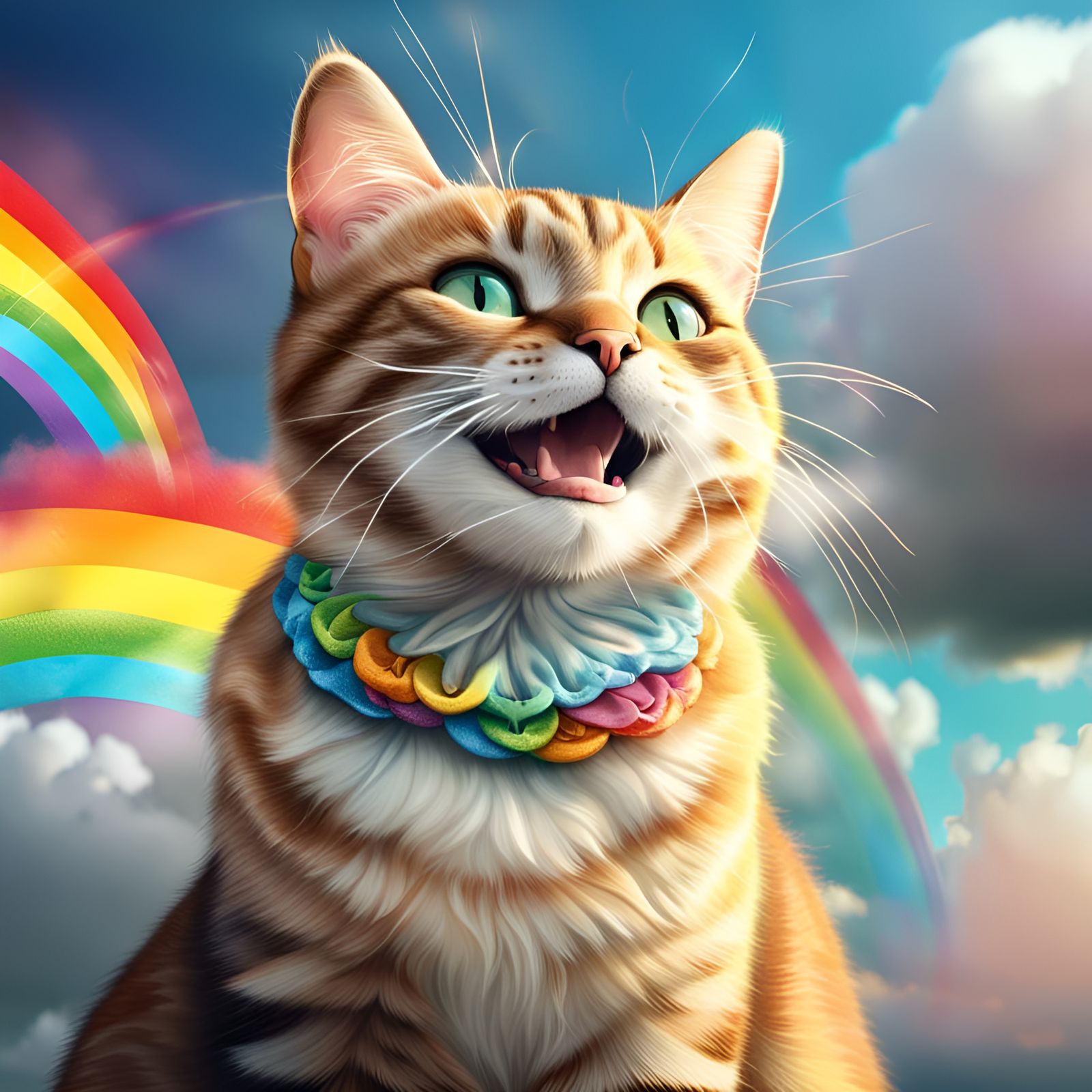 Hyperrealistic Happy Cat with Rainbows and Clouds
