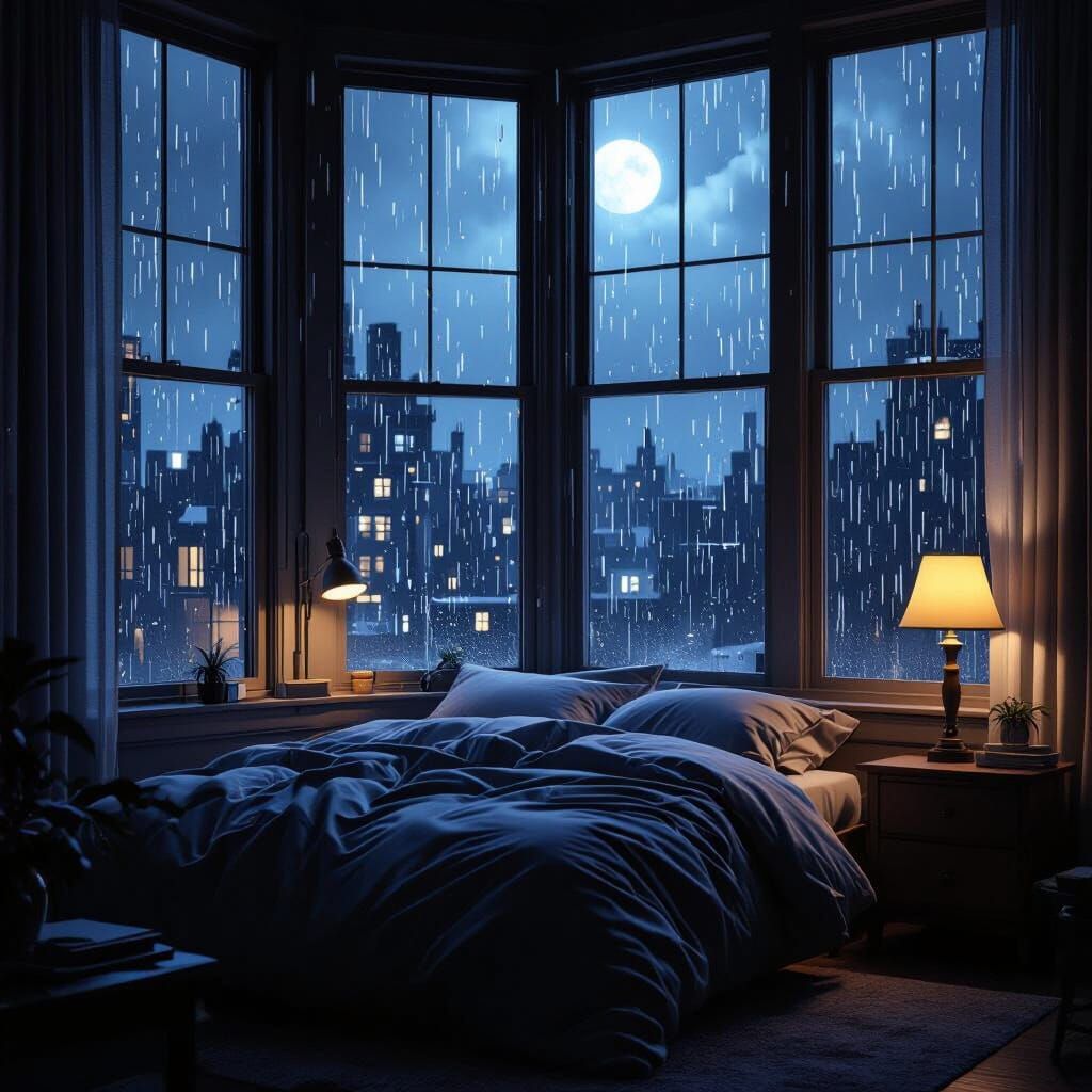 Cozy Bedroom in Rainstorm, Digital Matte Painting Style