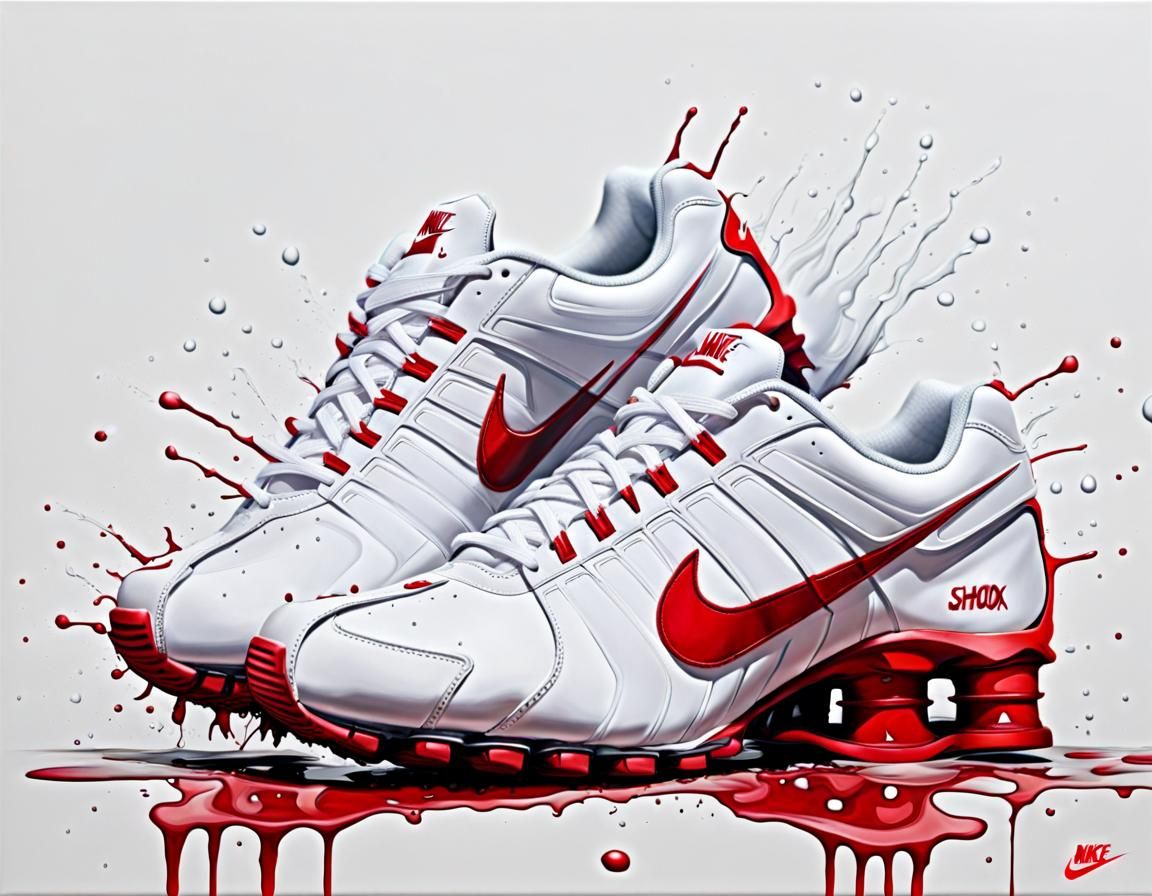 Nike shox, white and red, splash acrylic art