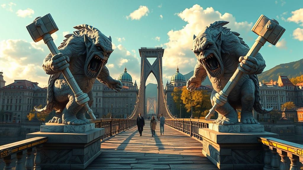 Dark Fantasy Bridge Trolls Threaten Passersby in Marble Mast...