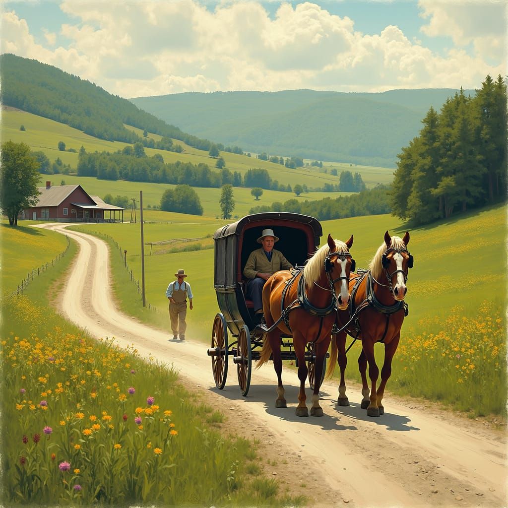 Amish Buggy in Countryside Landscape, Wyeth and Rockwell Sty...