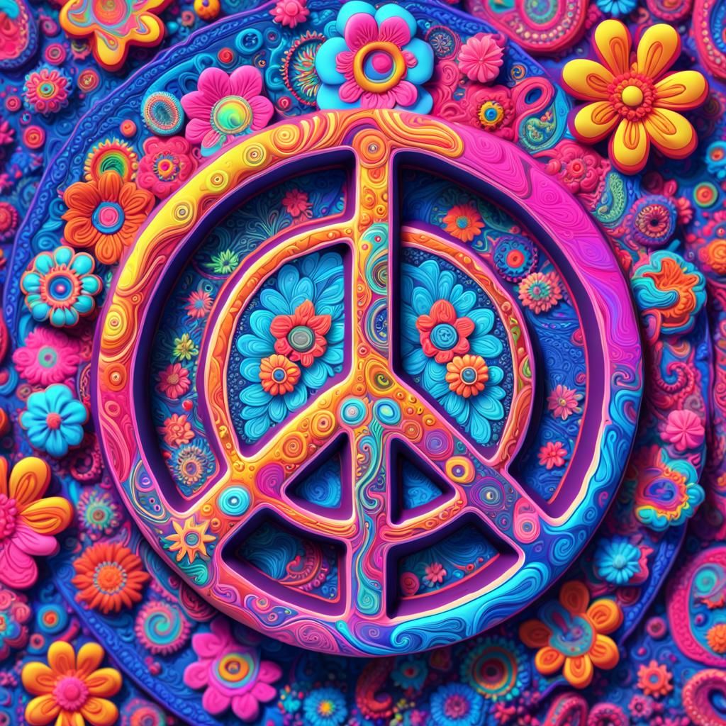 Psychedelic Peace Sign in Surreal Neon Dreamscape