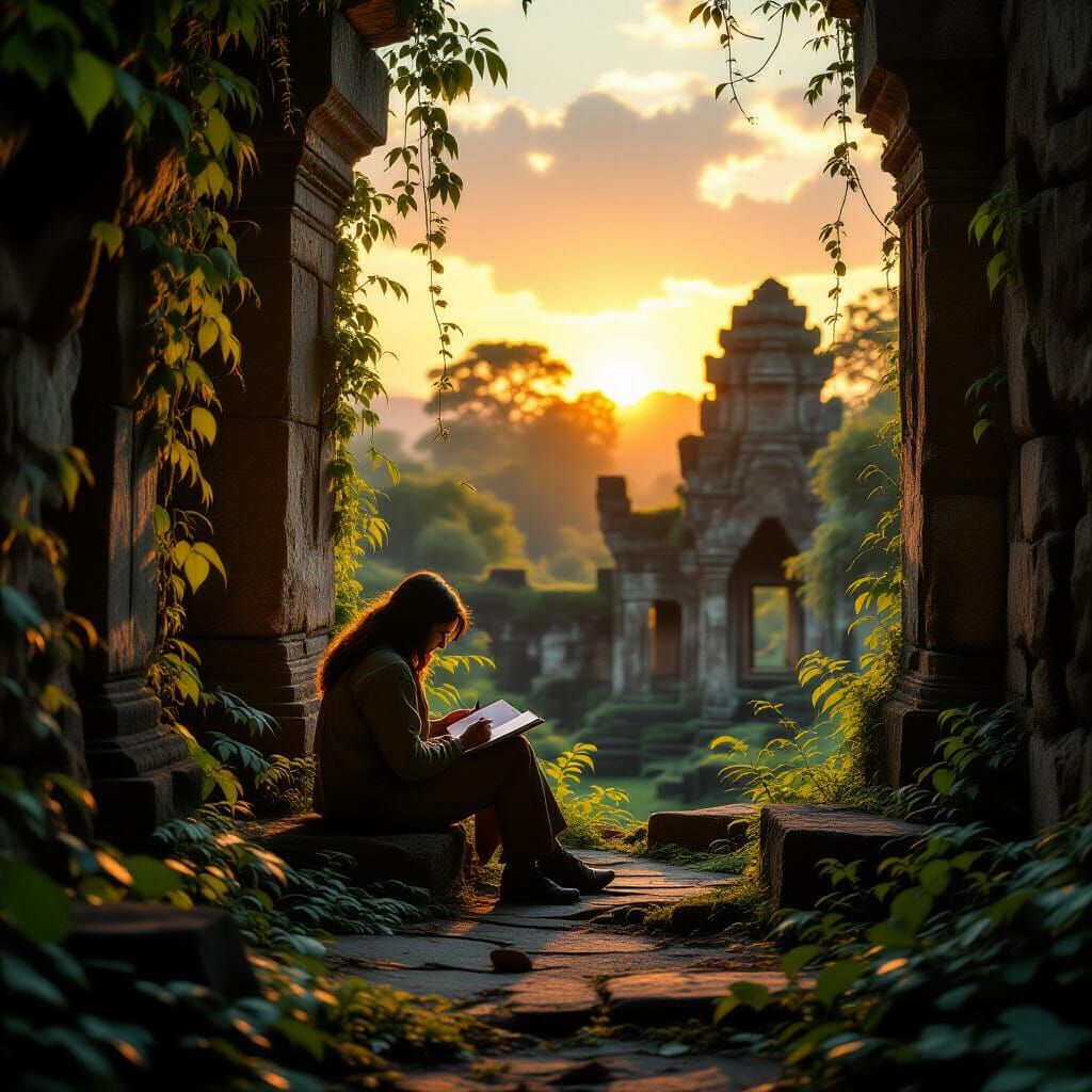 Ancient Temple Ruins at Sunset, Artist Sketching