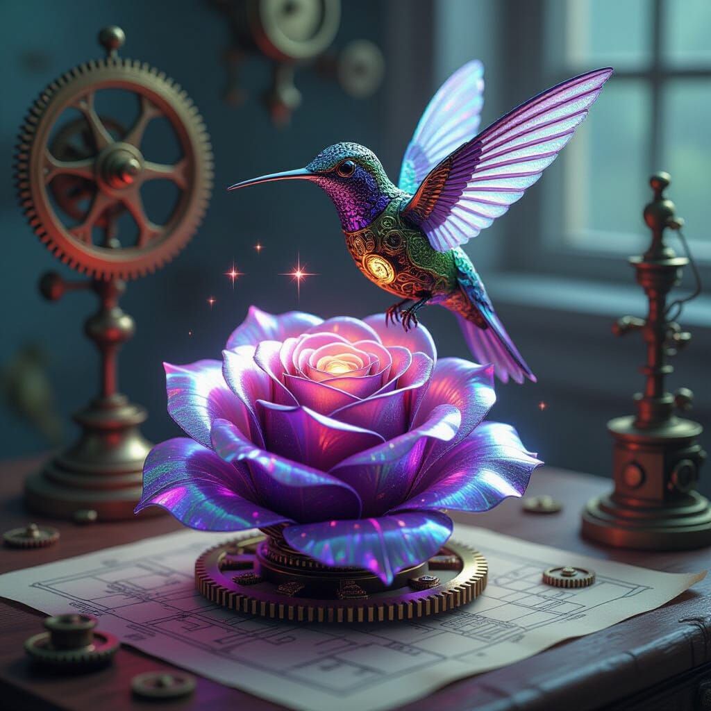 Clockwork Hummingbird Over Amethyst Rose in Steampunk Style