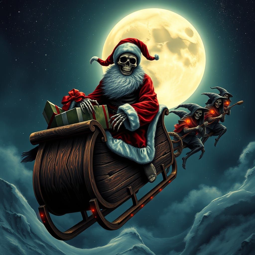 Skeletal Santa Claus Soaring with Witches in Dark Fantasy