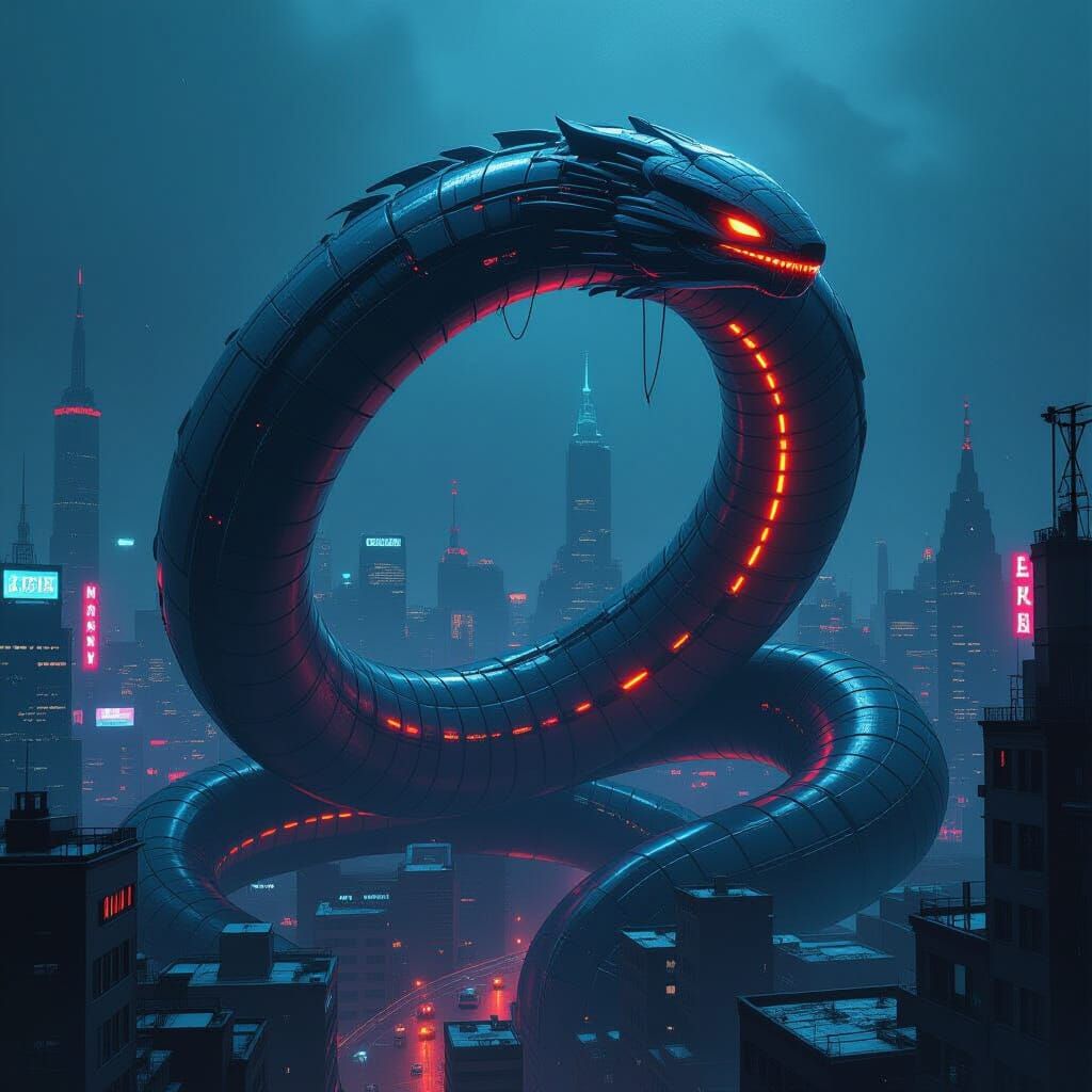 Dieselpunk Serpent Emerges in Gritty Cityscape