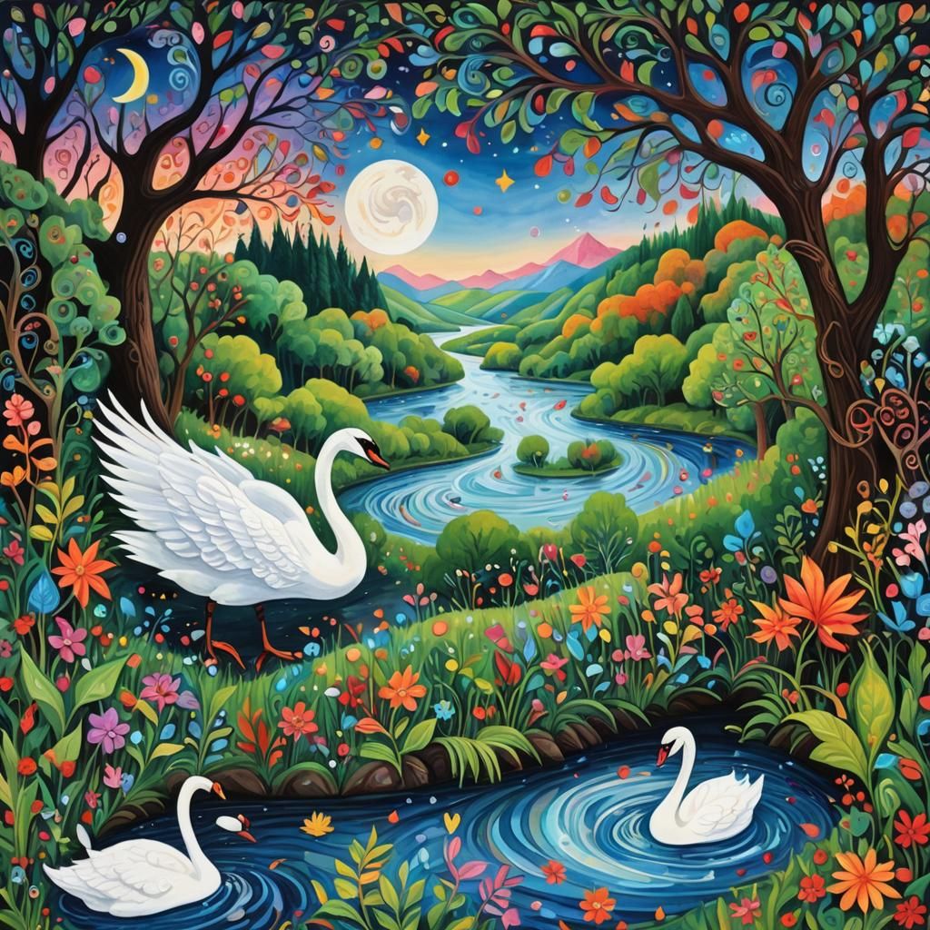 Surreal Swan River Scene in Gouache