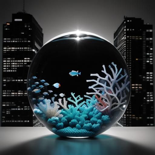 Vibrant Ocean Bubble in Black and White City