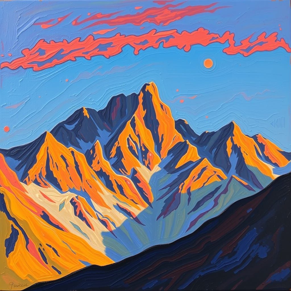 Mountains at Dusk: Neo-Impressionist Impasto Painting