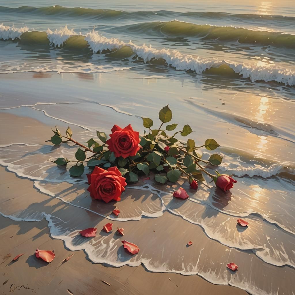 Impressionist Seaside: Red Roses Kissed by Dawn Waves