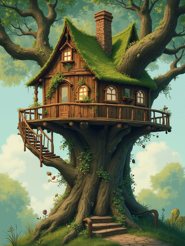 Whimsical Treehouse Amidst Vibrant Foliage