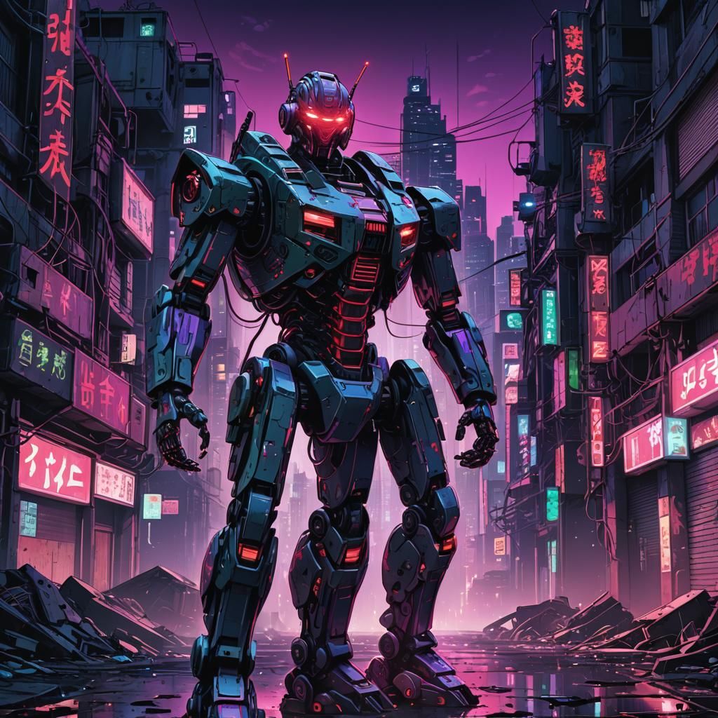 Cybernetic Manga Robot in Abandoned Cityscape