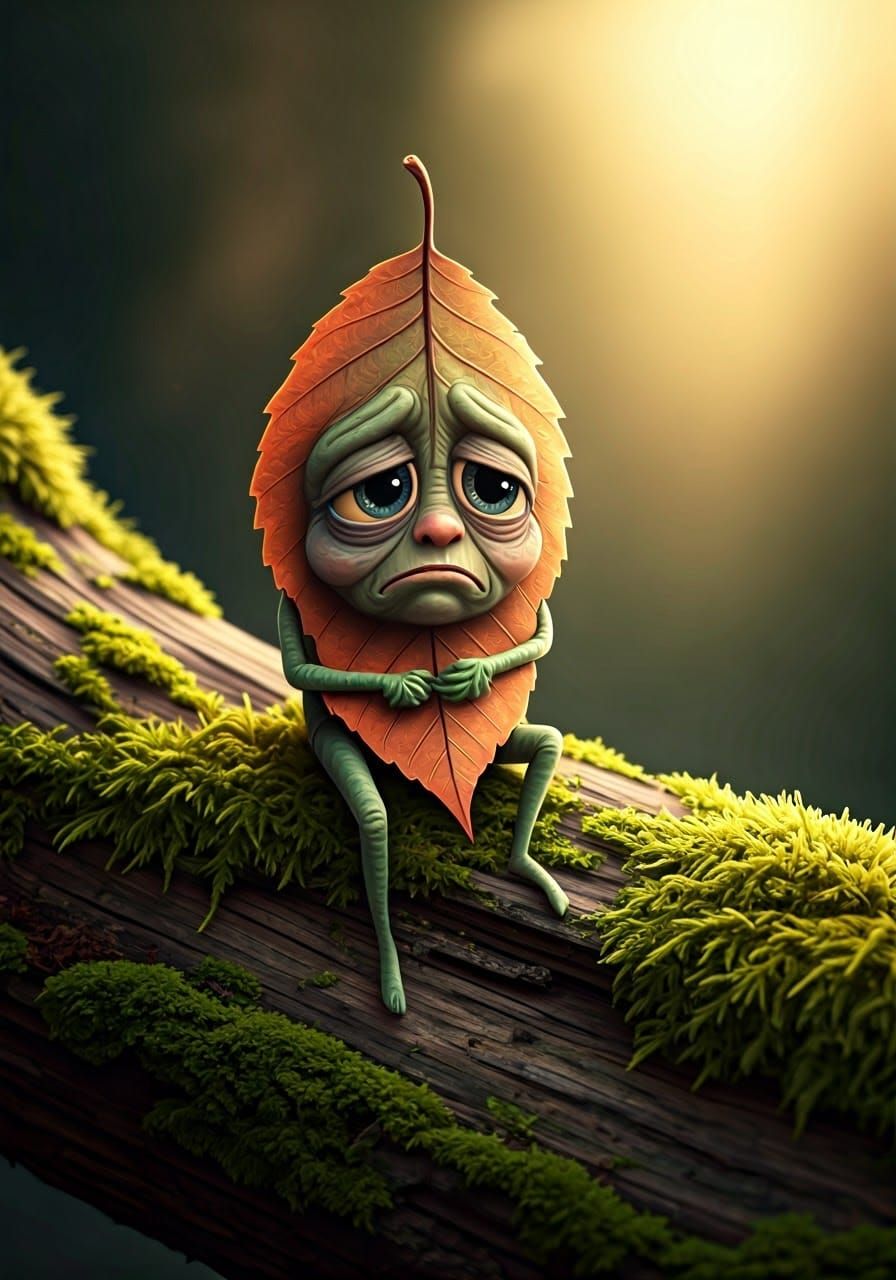 Endearing Autumn Leaf Creature in Cozy Melancholy Scene