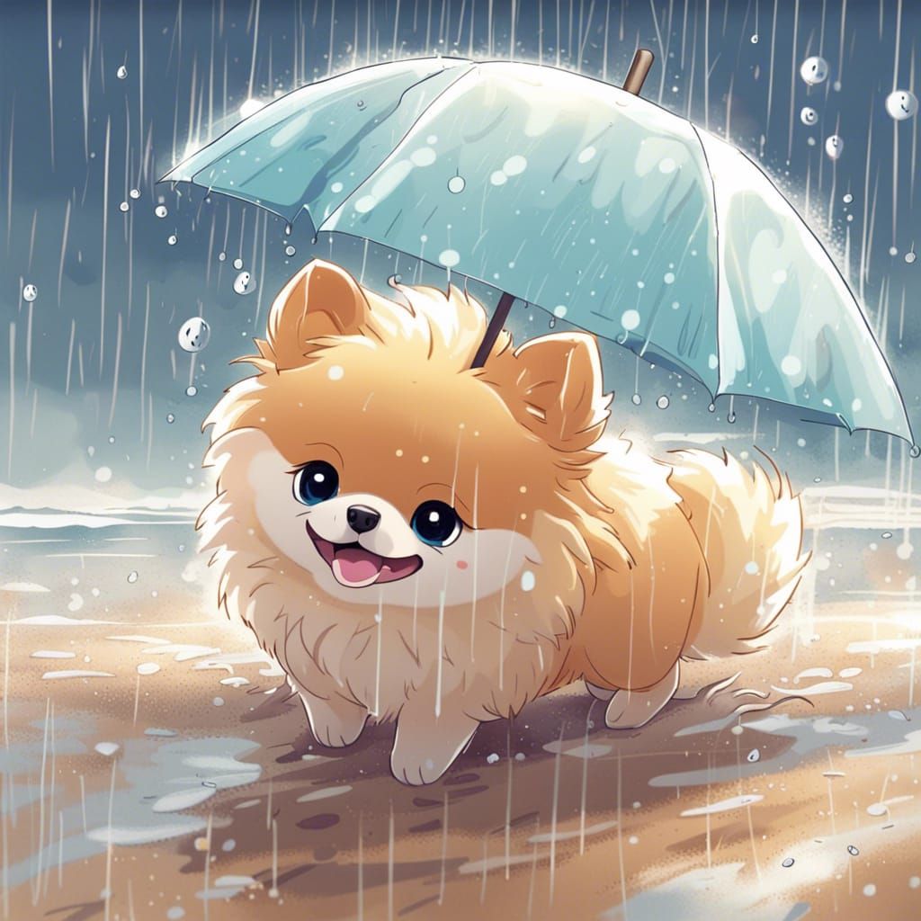 Pomeranian Plays in Rainy Beach: Anime Style