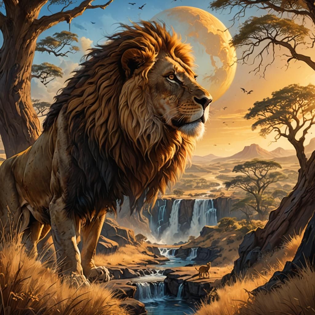 Lion Overlooking Savannah in Golden Light