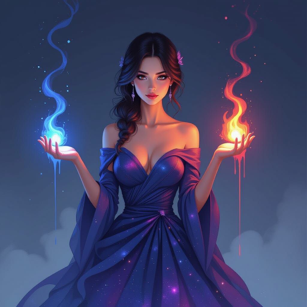 Ethereal Galaxy Gown with Flowing Ink, Futuristic Art