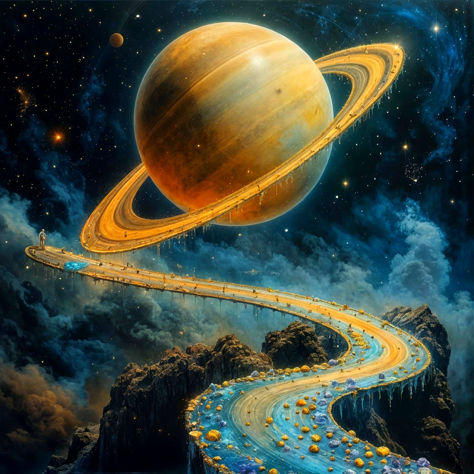 Ethereal Saturnian Landscape with Rainbow Bridge