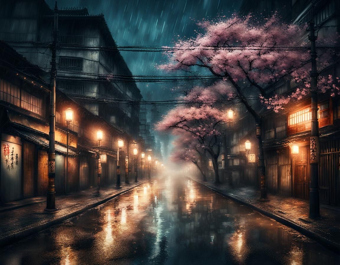 Dieselpunk Streetscape with Sakura Trees in Oil Painting Sty...
