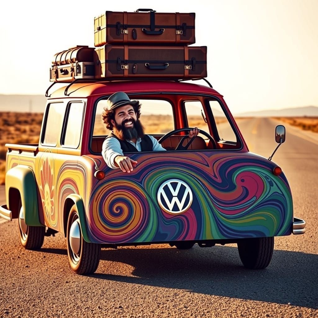 Joyful Hasidic Man Drives Vintage Pickup in a Serene Landsca...