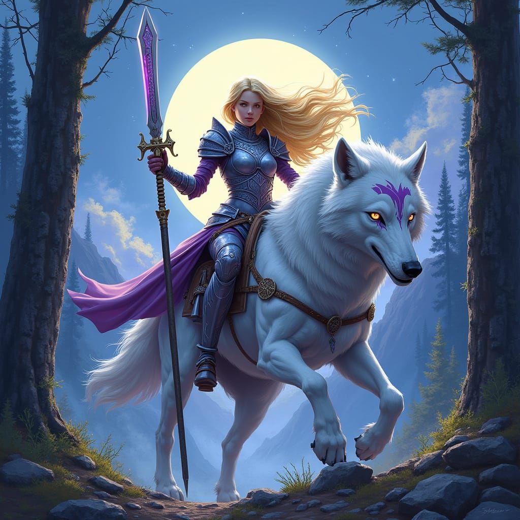 Anime Warrior Woman Rides Direwolf Through Moonlight