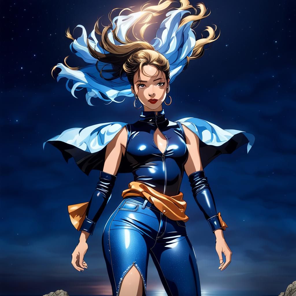 Woman Overlooking Ocean at Night: Cinematic Film Still