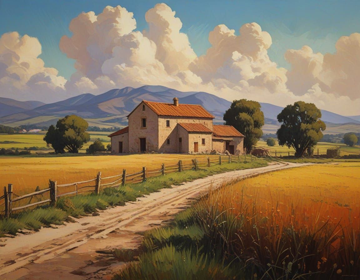 Spanish Farm Landscape Oil Painting