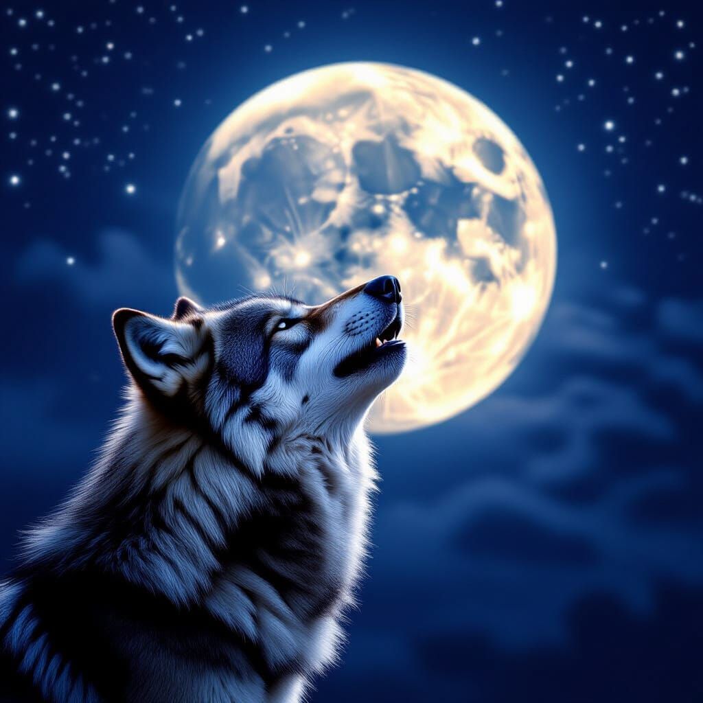Majestic Wolf Howls at Luminous Moon in Cinematic Night Sky