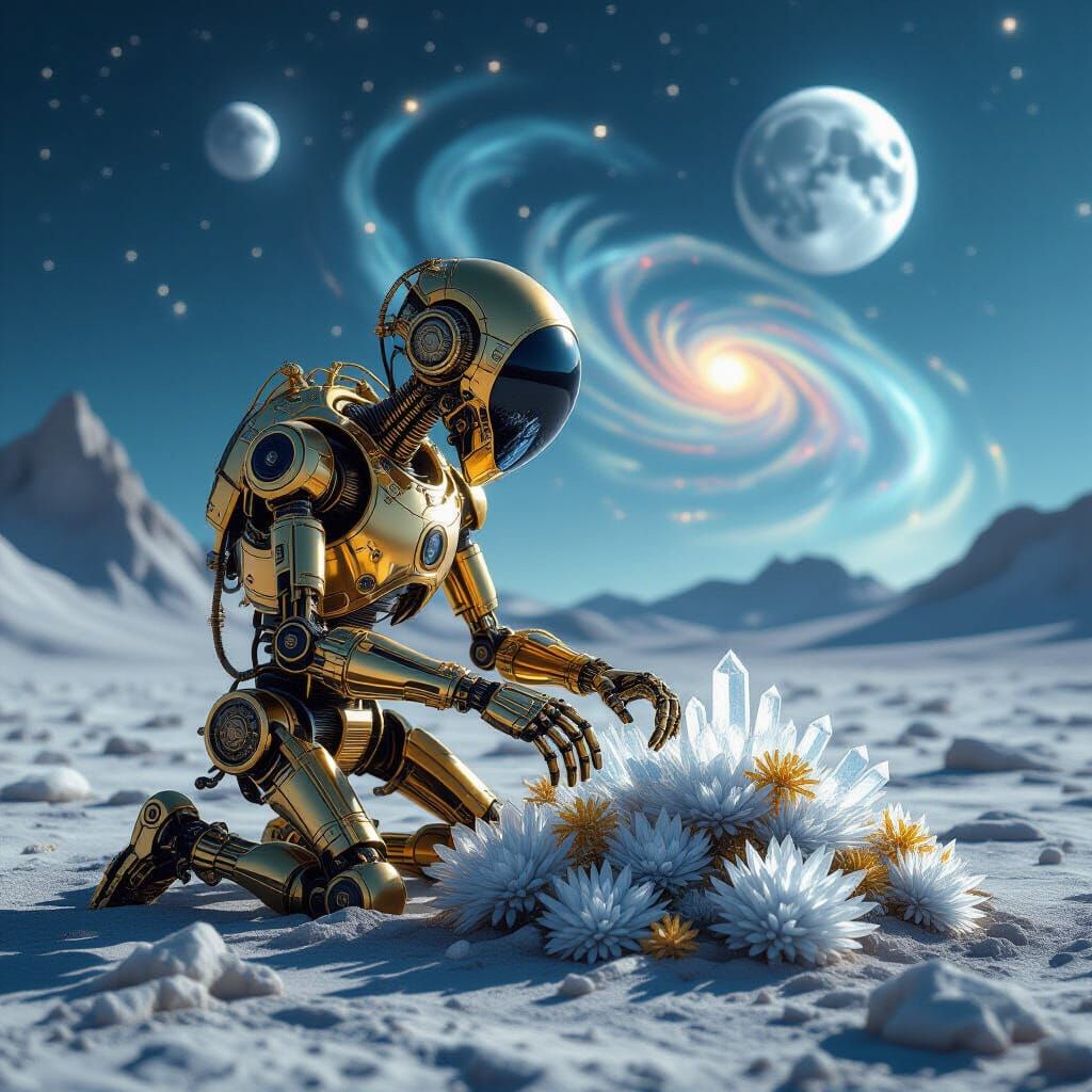 Clockwork Automaton Tends Alien Garden Under Nebula Sky