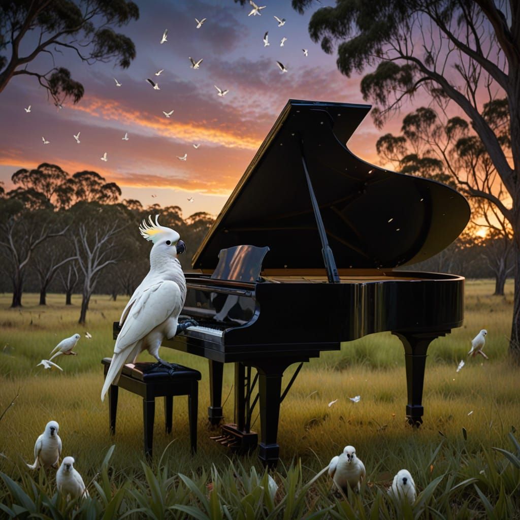 Whimsical Avian Virtuoso Plays Miniature Piano Under Starry....
