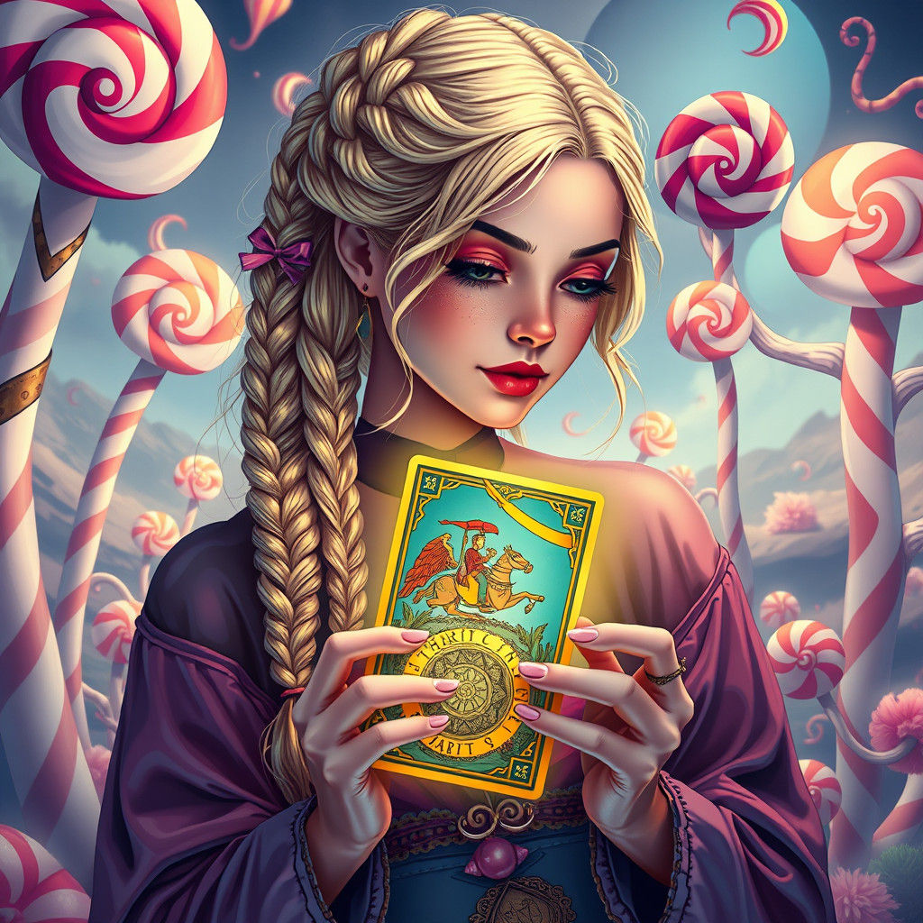 Tarot Reader in Candyland Landscape, Digital Illustration