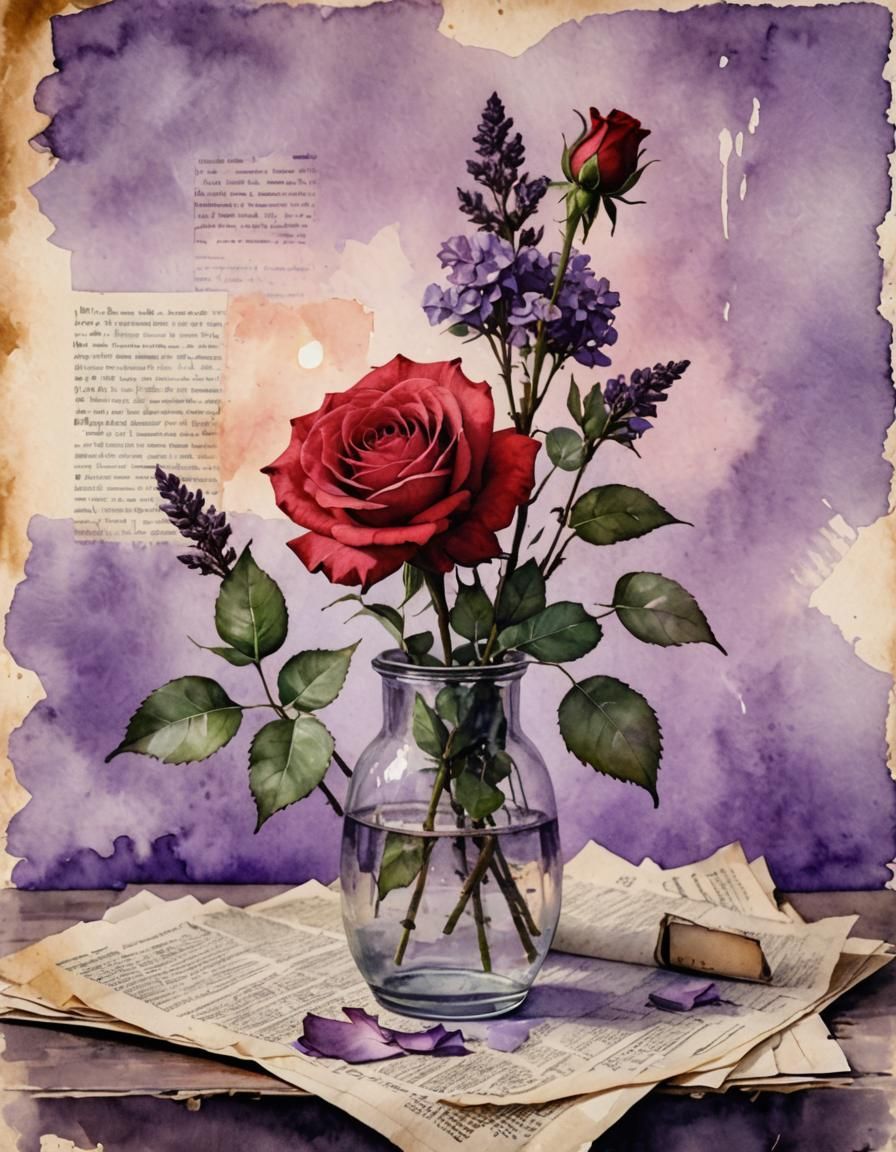 Watercolor Red Rose and Lilac Still Life