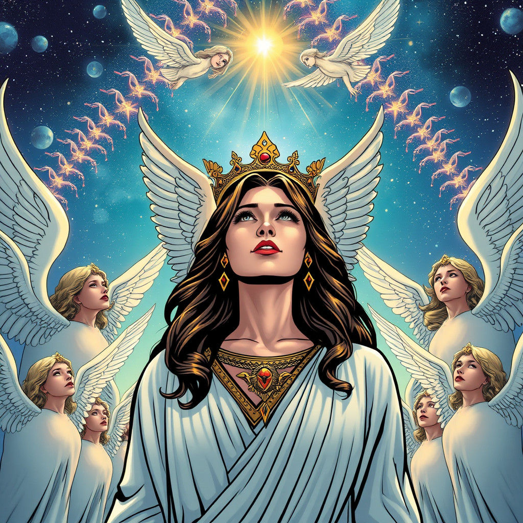 Regal Woman Surrounded by Angelic Warriors