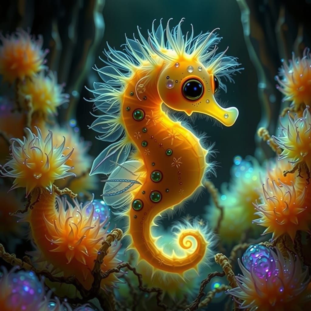 Iridescent Seahorse with Wings in Crystal Cave