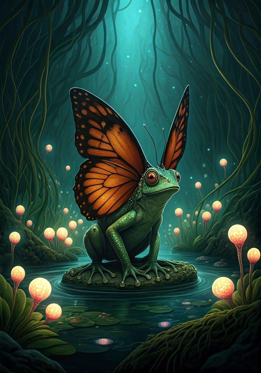 Butterfly-Frog Hybrid in Bioluminescent Pond Concept Art