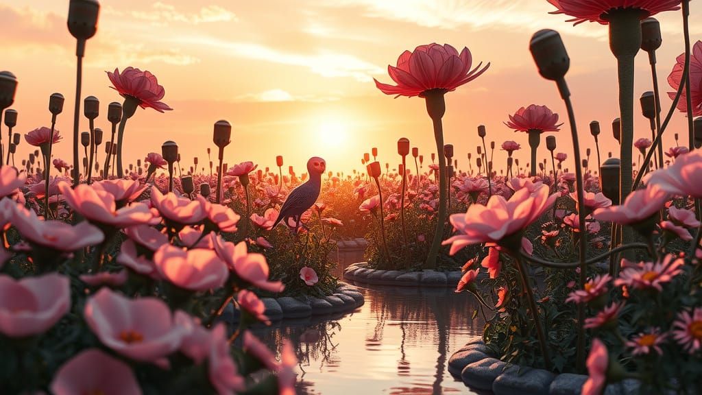 Alien Flowers in Secret Oasis at Dawn