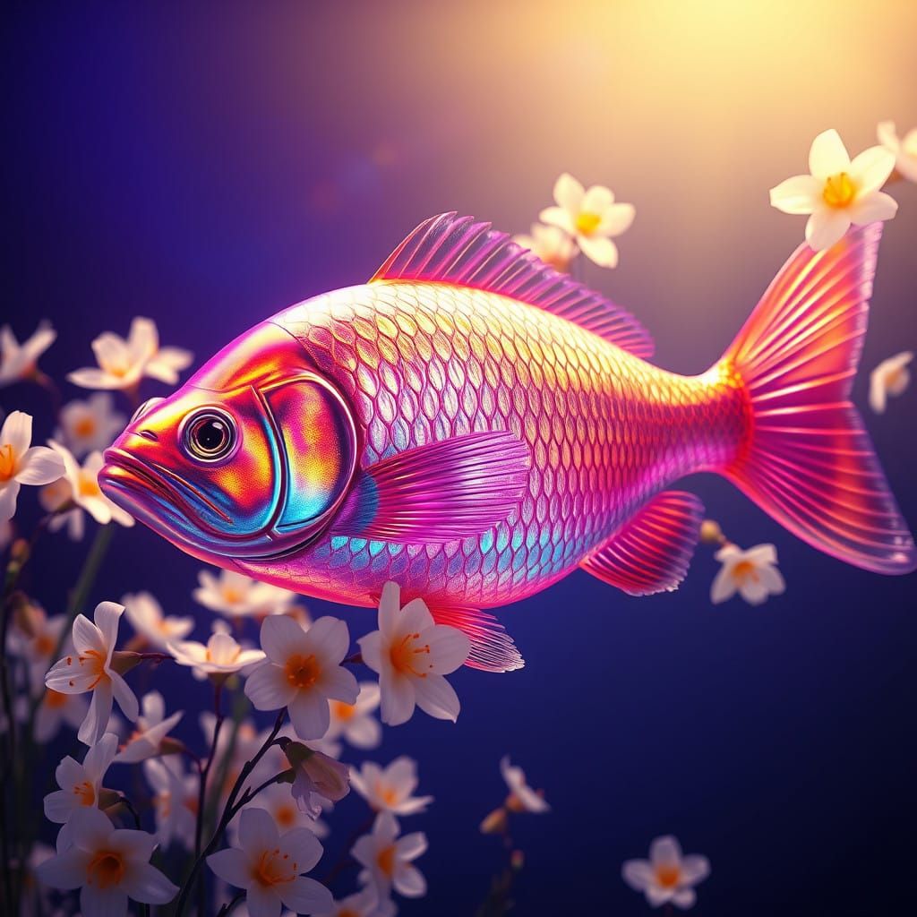 Majestic Fish Surrounded by Delicate Narcissus Flowers in Vi...