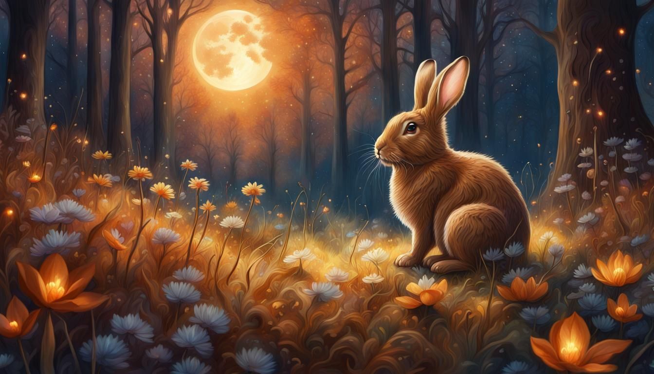 Magical Bunny in Moonlit Autumn Fantasy Forest
