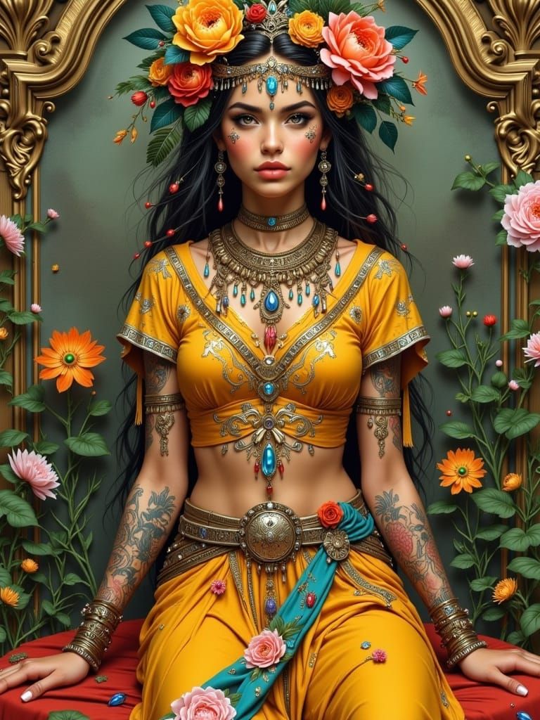 Golden Princess in Wild Serenity with Vibrant Flowers