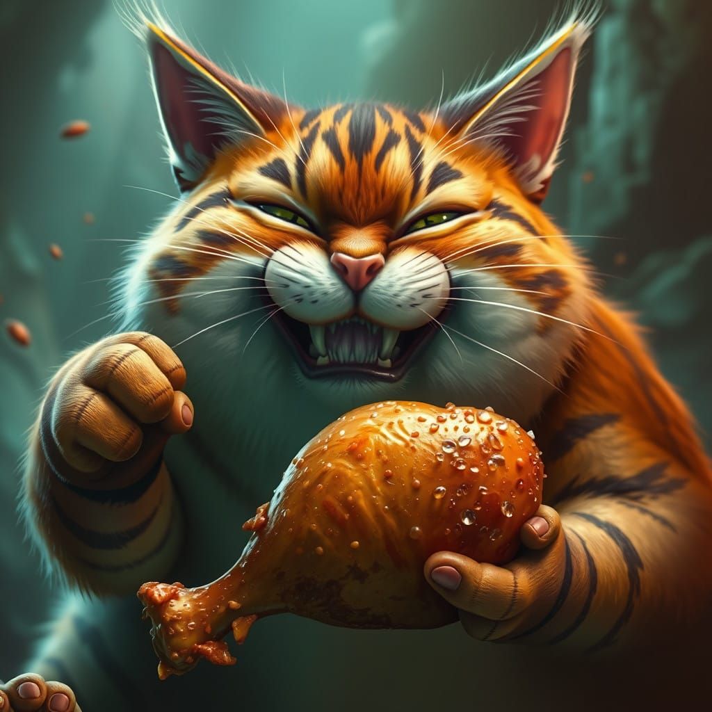 Fat Feline Devours Chicken Drumstick in Vibrant Fantasy Scen...