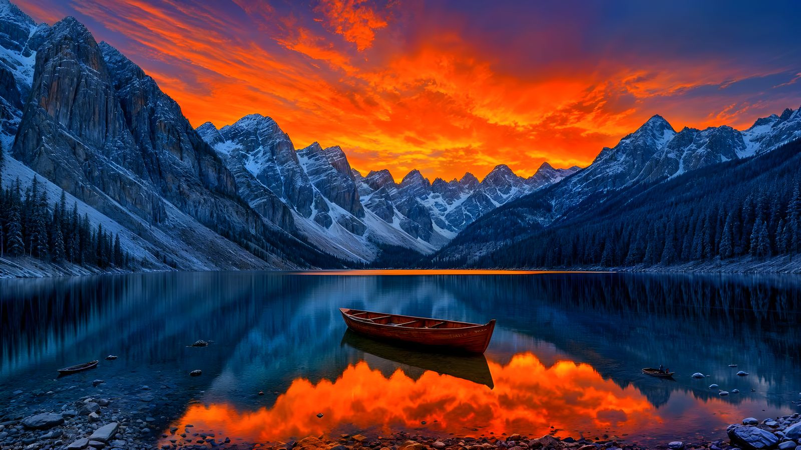 Serene Mountain Lake Reflecting Dramatic Alpenglow Sunset