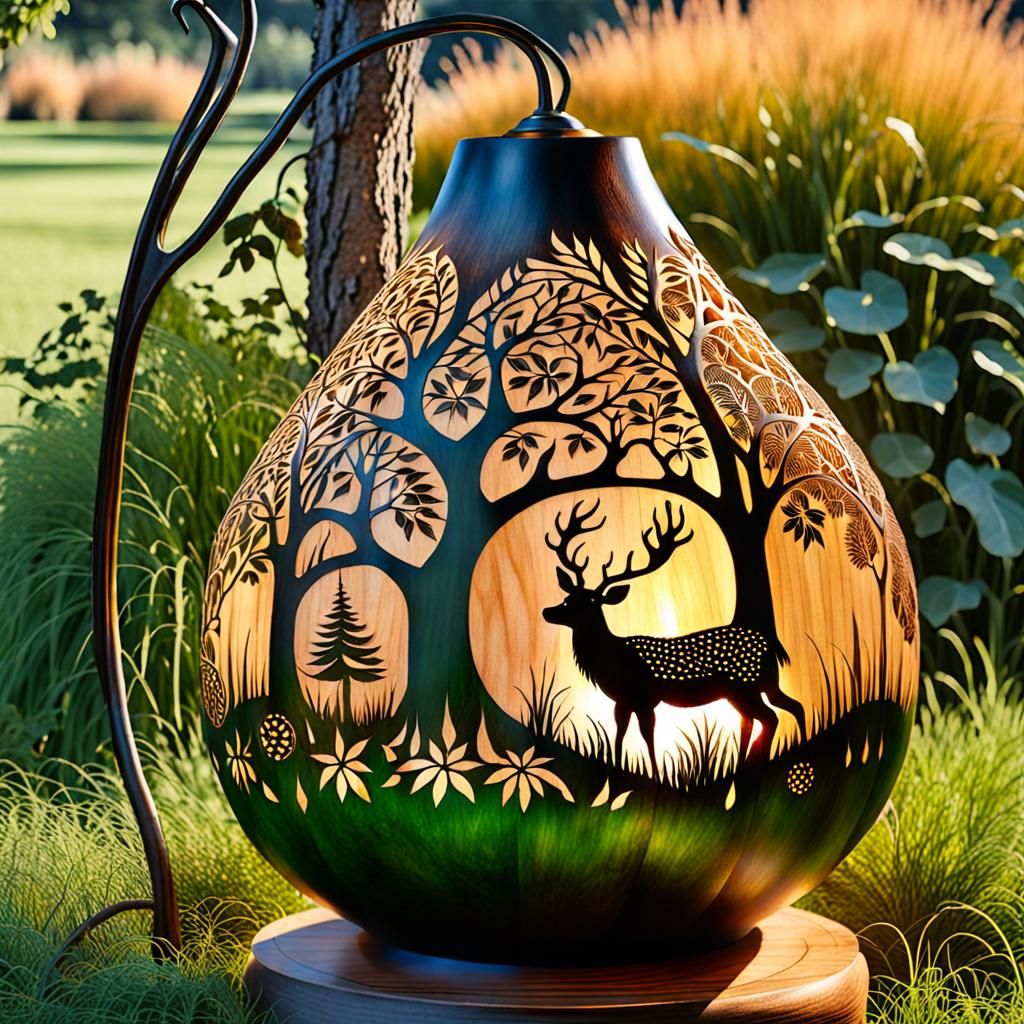 Intricately Etched Gourd Lamp with Deer Design
