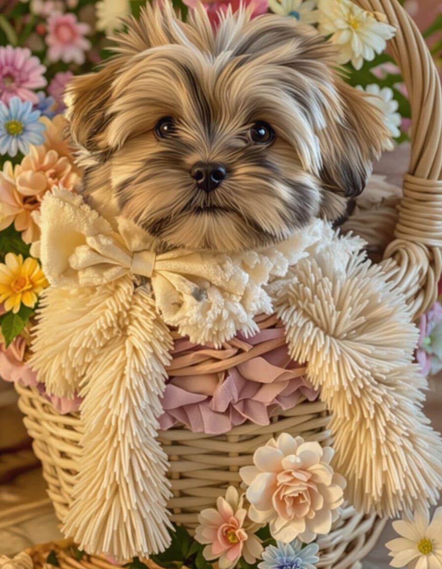 Shi Tzu Puppy in Nantucket Basket, Art Nouveau Style
