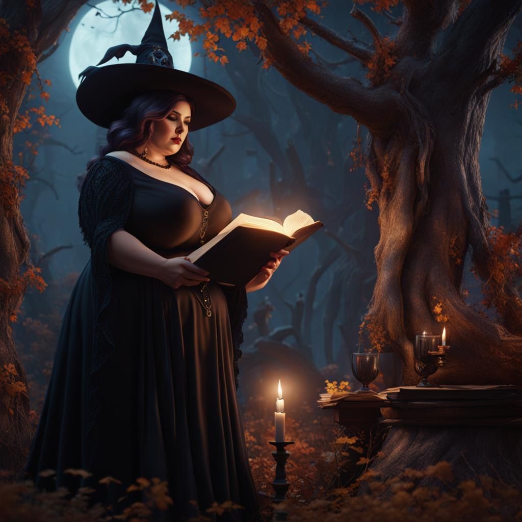 Curvy Witch Reading Book in Witchy Scenery
