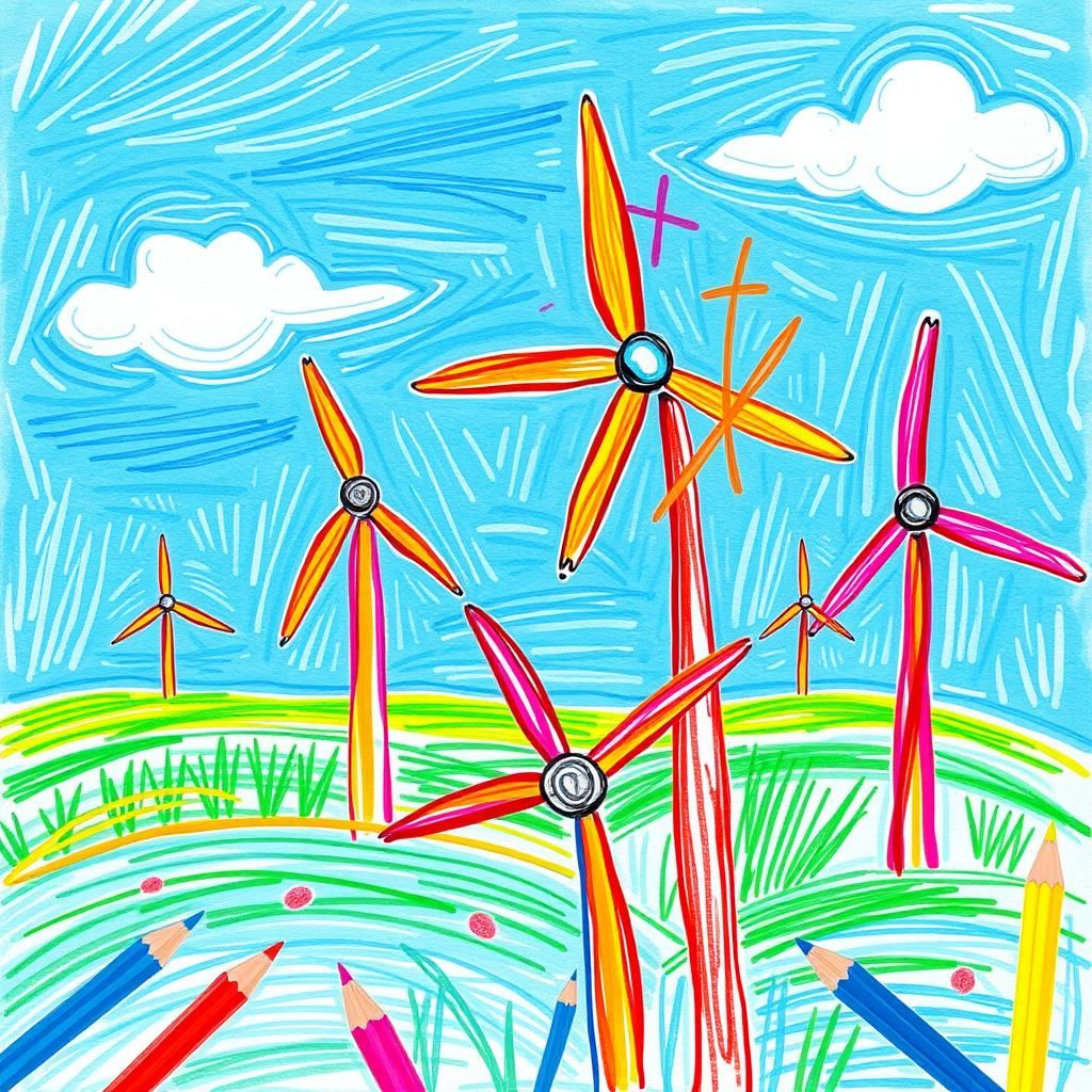 Whimsical Wind Turbines in Expressive Digital Art Style