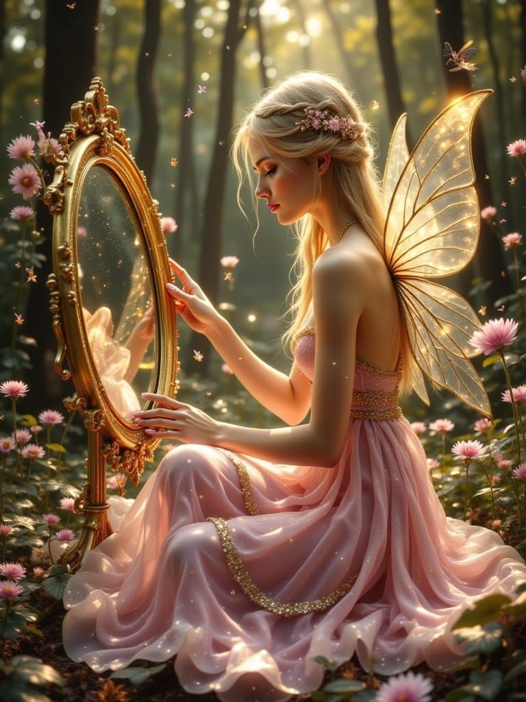Impressionist Fairy in Sparkling Pink Dress and Gold Wings