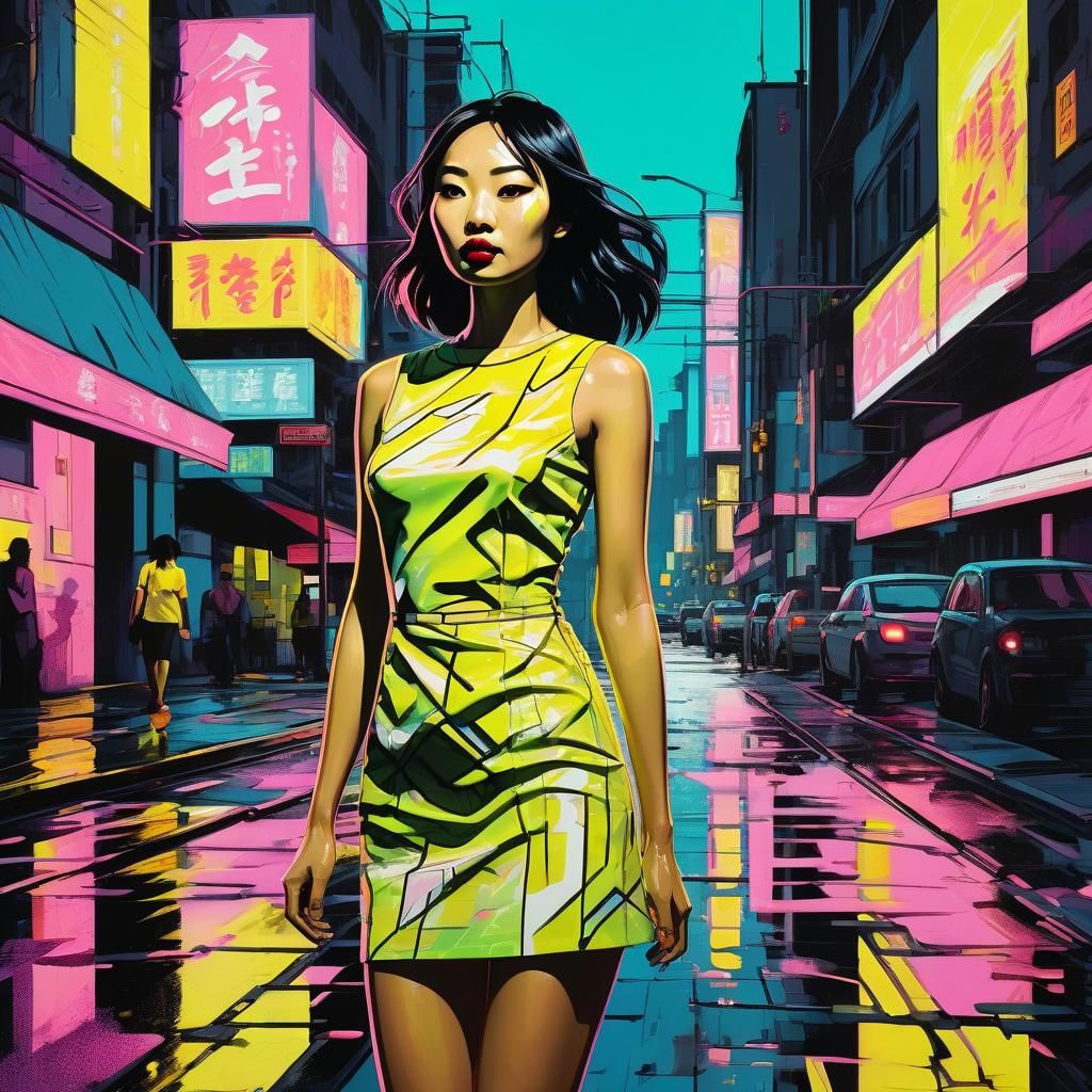 Asian Woman in Yellow Dress: Vibrant Pop Art