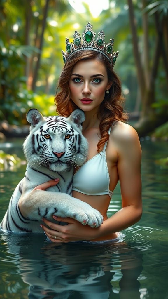 Woman with Albino Tiger in Lush Forest, Whimsical Style