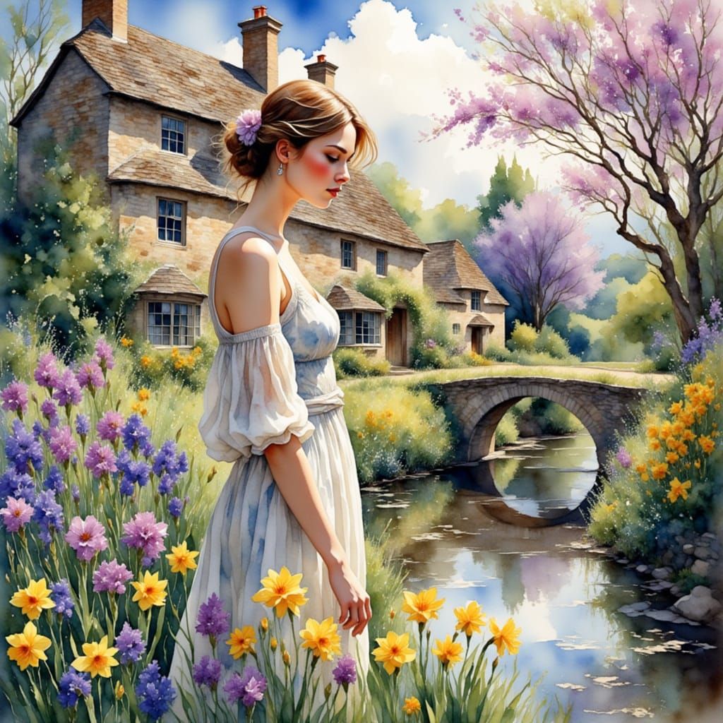 Ethereal English Countryside Scene in Watercolour Style